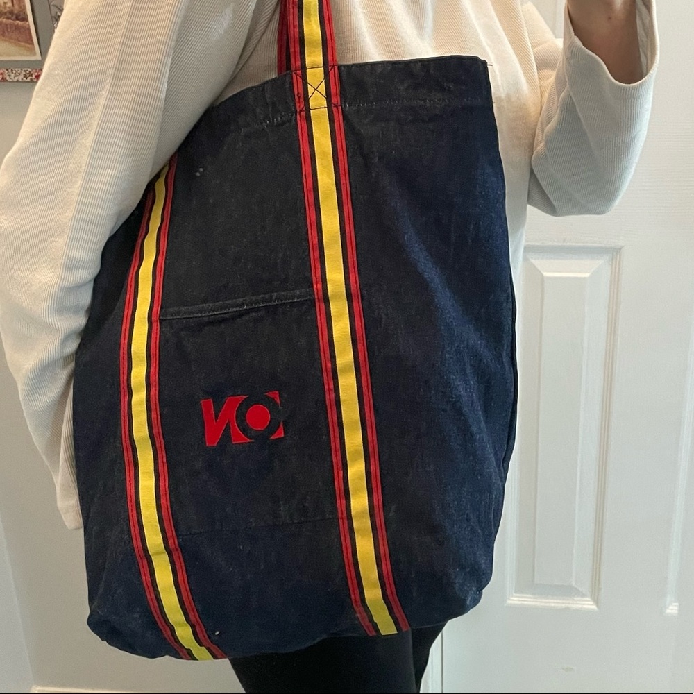 Old Navy Retro Denim Tote 70s 80s Throwback Grosgrain Ribbon Trim & Handles - Picture 15 of 15